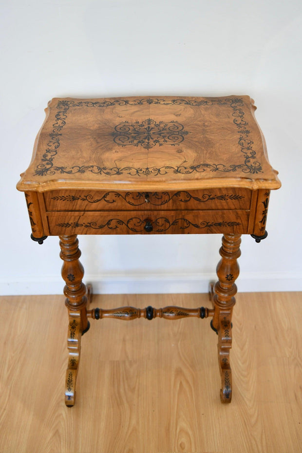 Antique Inlaid Burl Walnut Sewing Stand