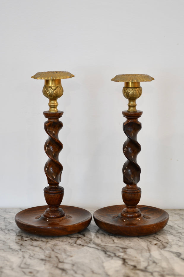 Indian Wood and Brass Candlestick