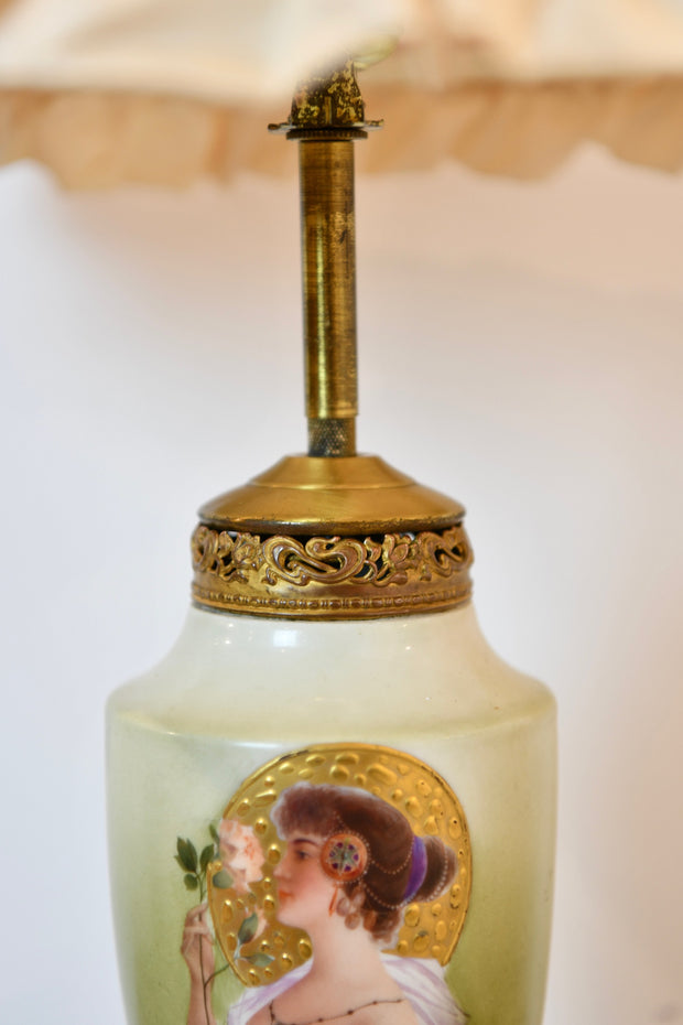Continental Gilt Metal and Porcelain Handpainted Urn Lamp