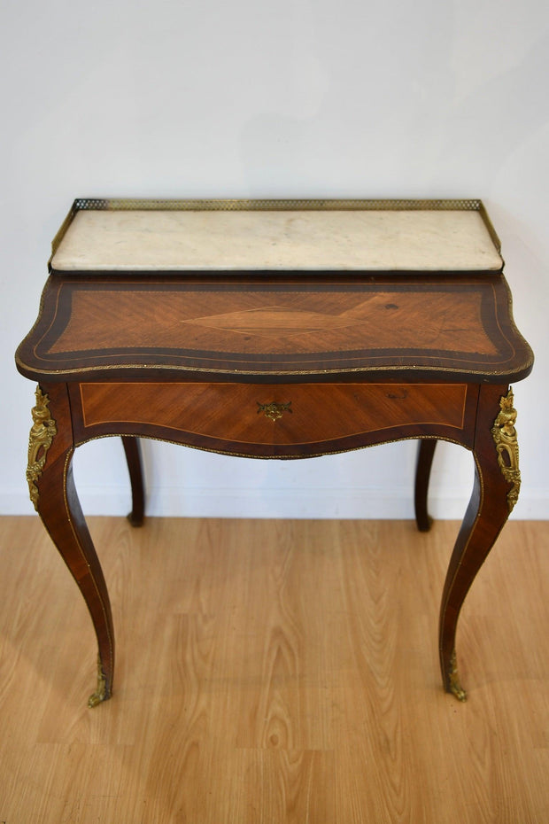 French Inlaid Bronze Mounted Marble Top Writing Desk