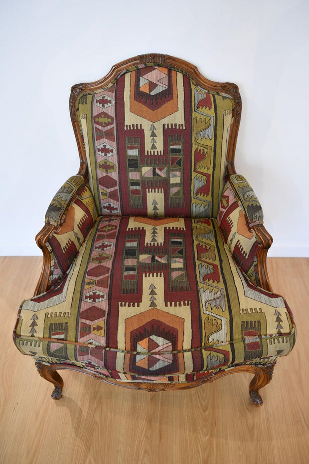Antique Finely Carved Louis XV Style Chair With Kilm Upholestry