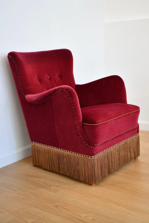 Frits Henningsen Maroon Velvet Lounge Chair