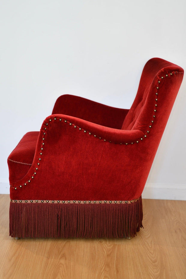 Frits Henningsen Red Velvet Lounge Chair