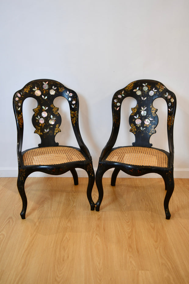 Mother of Pearl Inlaid Caned Chair