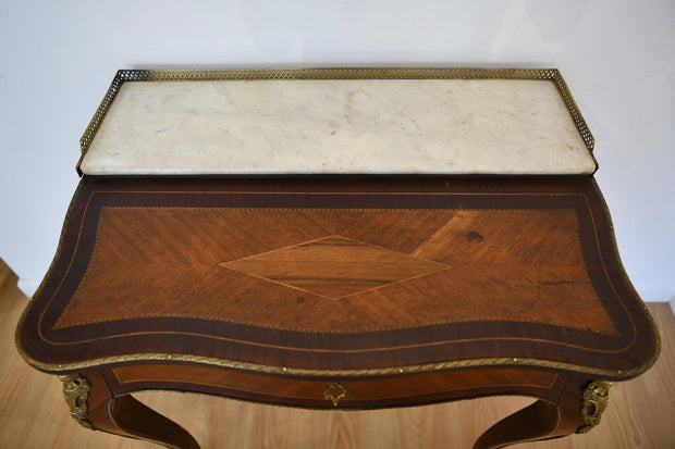 French Inlaid Bronze Mounted Marble Top Writing Desk