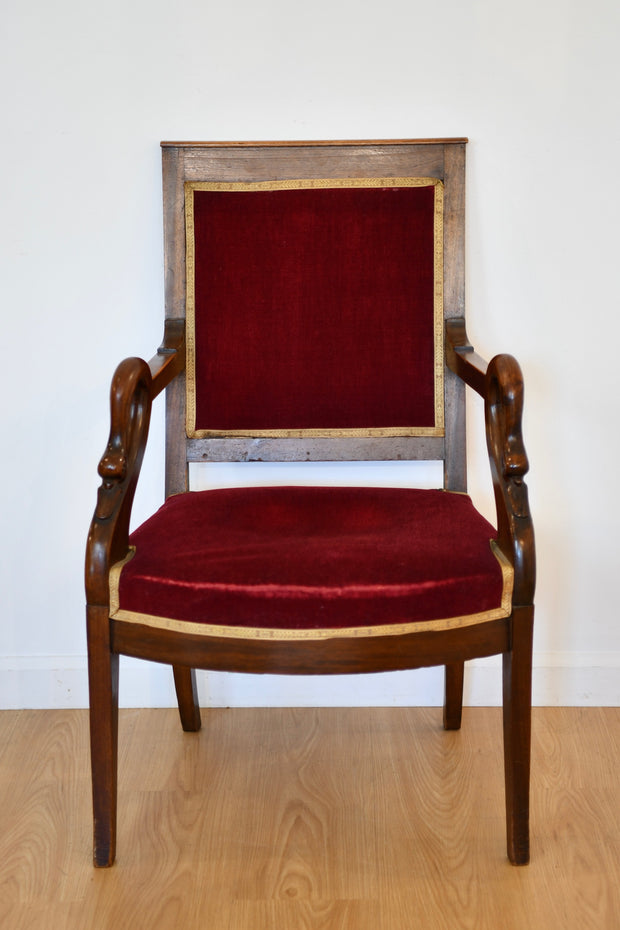 Antique French Mahogany Swan Decorated Armchair