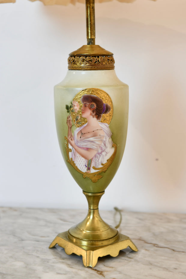 Continental Gilt Metal and Porcelain Handpainted Urn Lamp