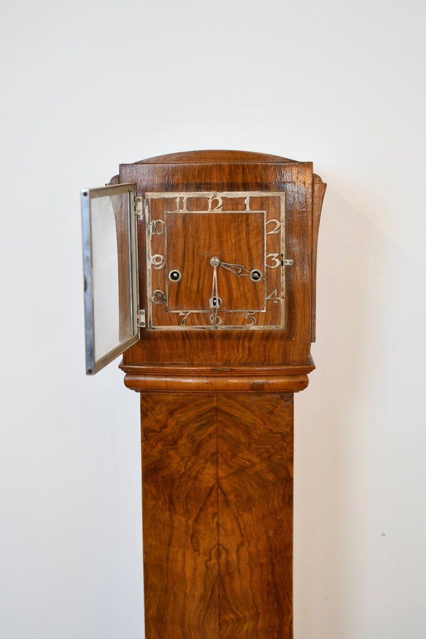 English Art Deco Figured Walnut Tall Case Clock
