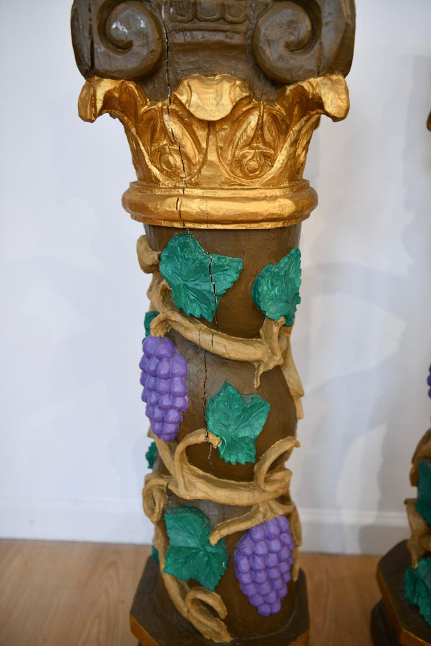 Vintage Carved & Paint Decorated Wood Pedestal