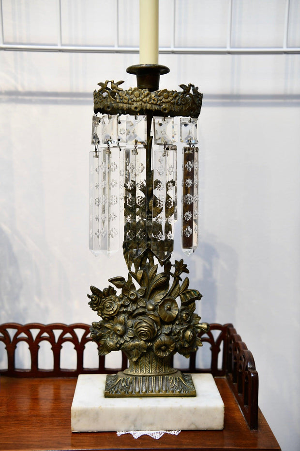Antique Floral Brass & Crystal Candlestick