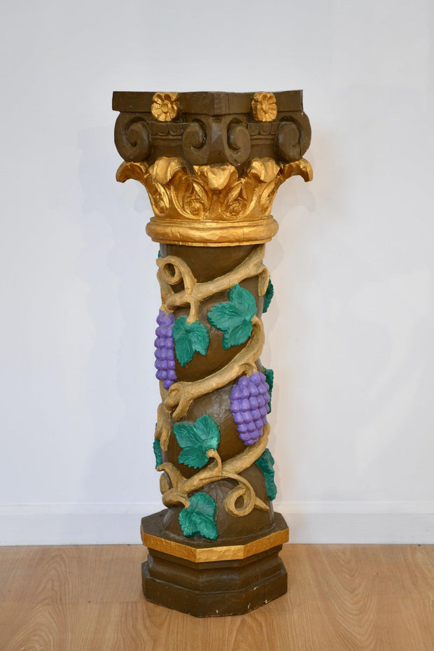 Vintage Carved & Paint Decorated Wood Pedestal