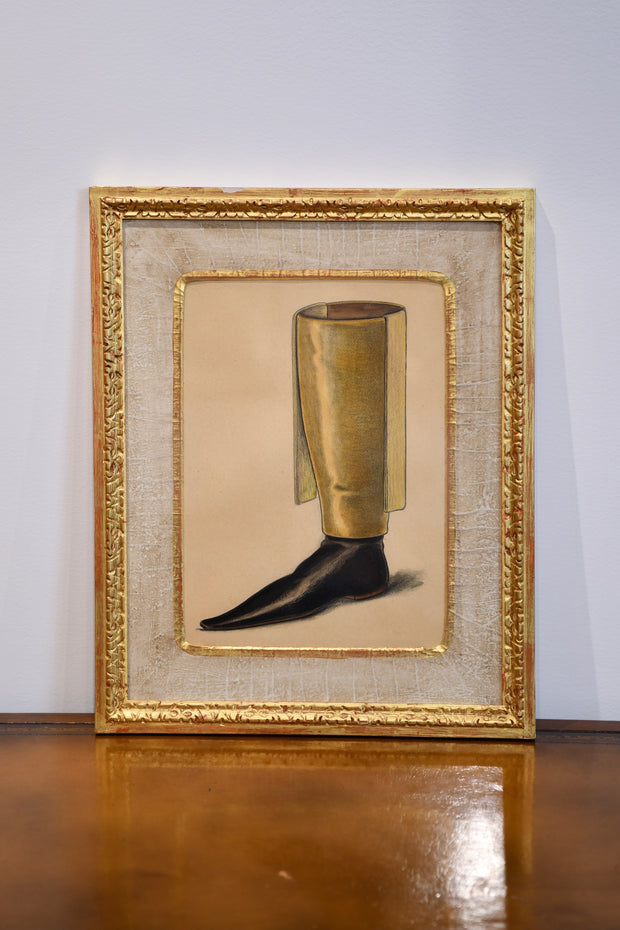 Antique Hand Colored & Painted Over Boot Print
