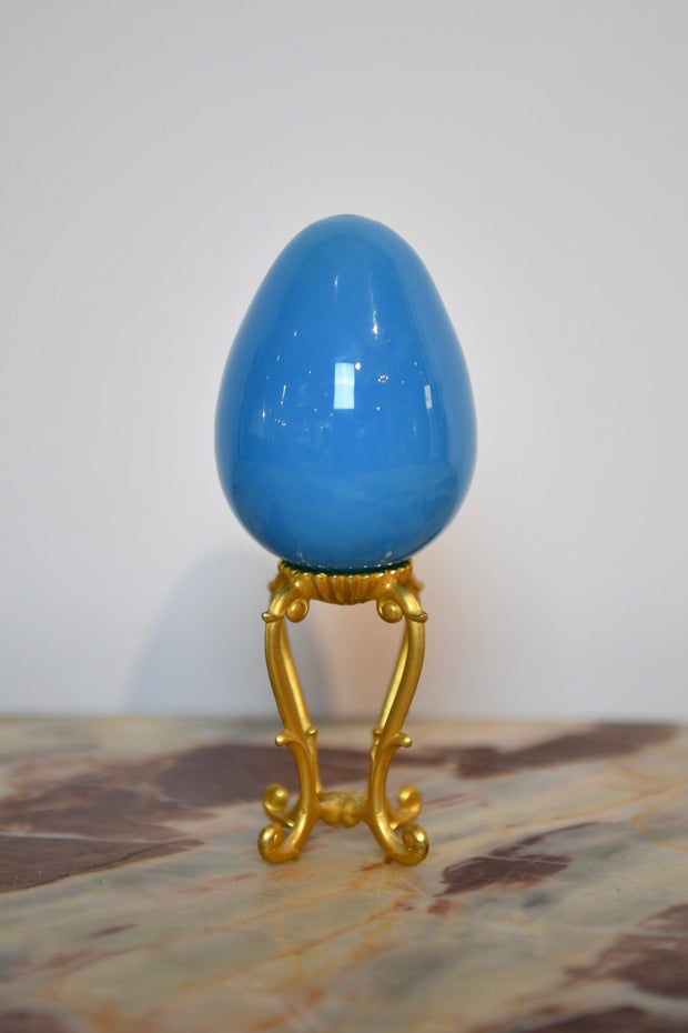 Blue Glass Egg on Gilt Stand